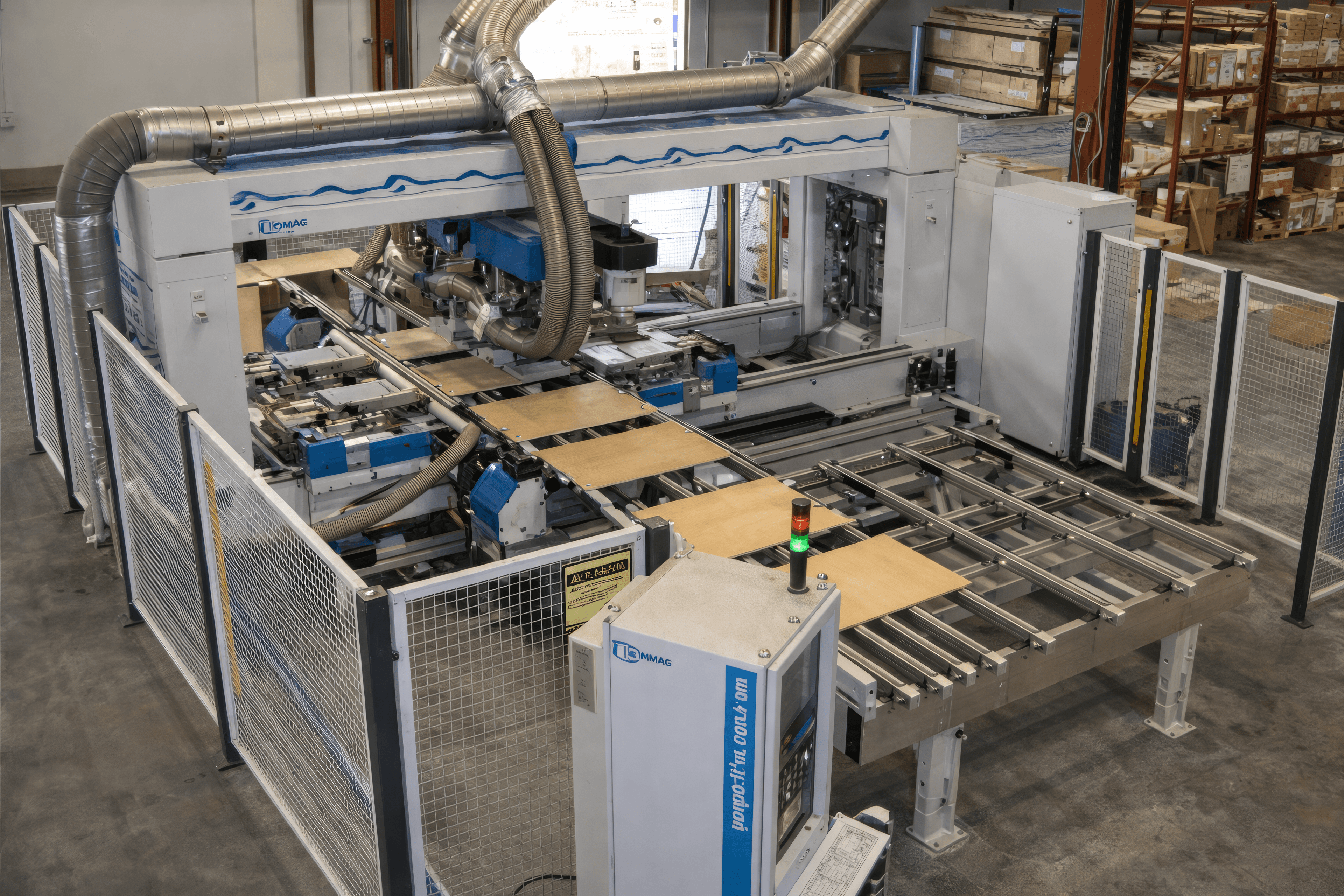 HOMAG industrial woodworking line with panels on a roller conveyor, overhead dust collection, and wire safety fencing in a production facility.