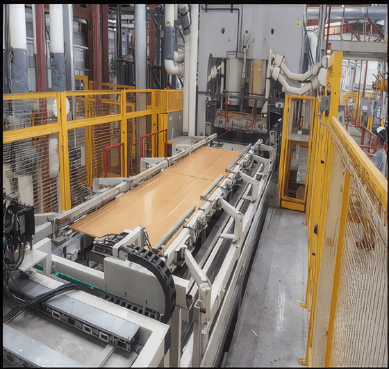 Automated production line with a large wood panel on a roller conveyor, yellow safety fencing, and industrial equipment in a modern manufacturing facility.