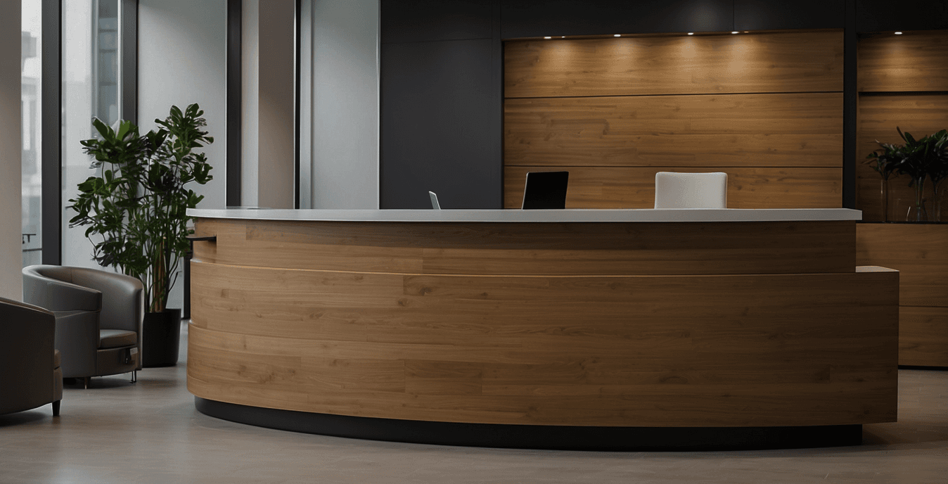 Curved wood reception desk, white countertop, and wood-paneled lobby — Shioleno millwork.