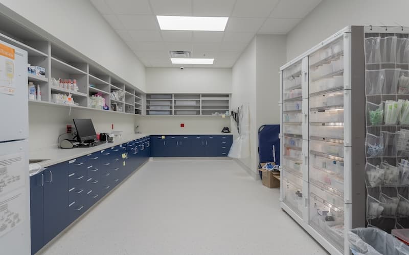 Arista Advanced Pet Care veterinary reception and support millwork.