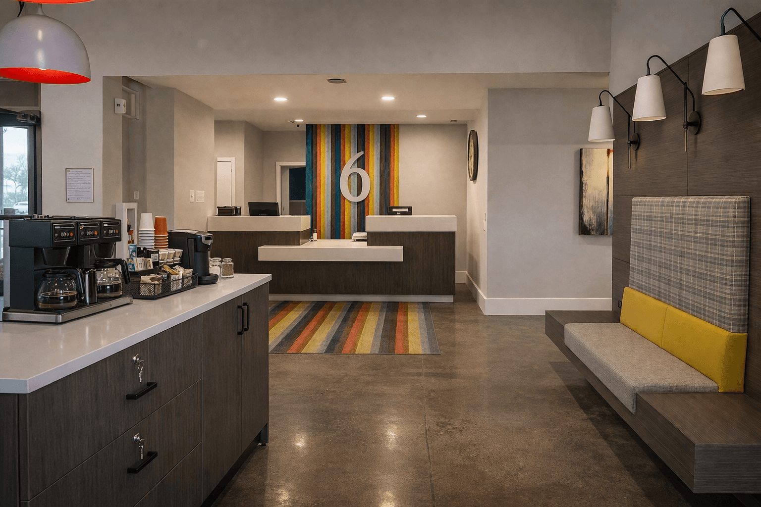 Motel 6 lobby with reception desk, brand feature wall, coffee station, and built-in seating with millwork and casework.