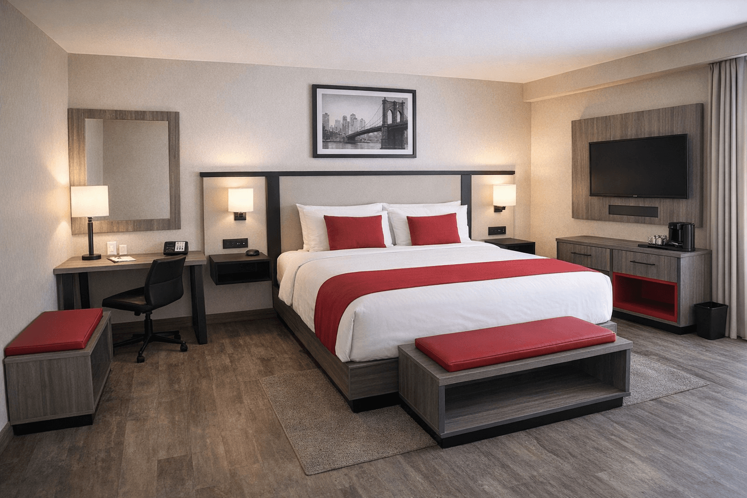 Branded guest room with hospitality casegoods and room package millwork.