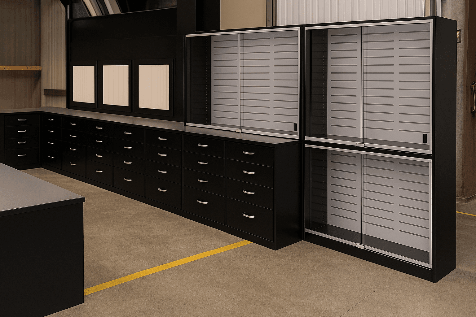 Commercial retail install with custom black casework, glass display cases, and slatwall merchandising on counter and tall units.