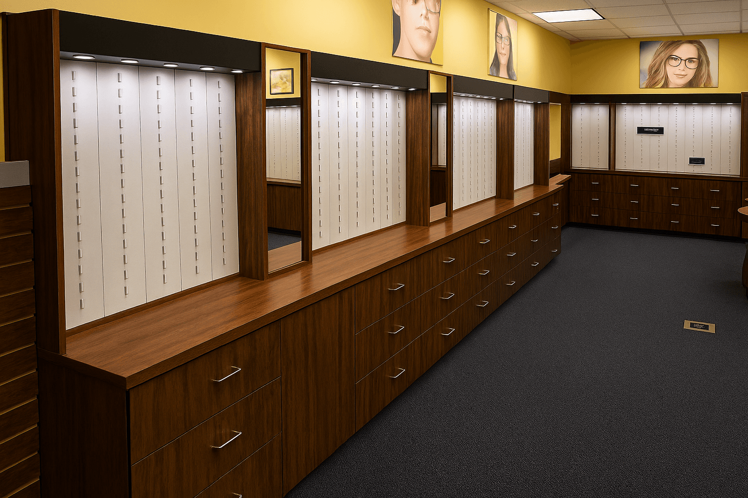 Optical retail sales floor, Eyemart Express, with displays and point-of-service fixtures.
