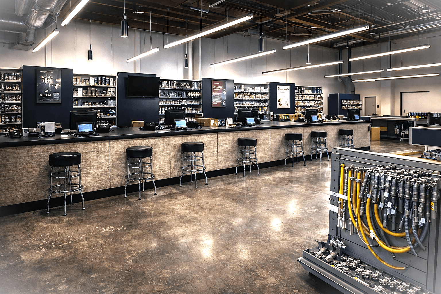 Trade center main desk, sales area, and customer-facing work surfaces.