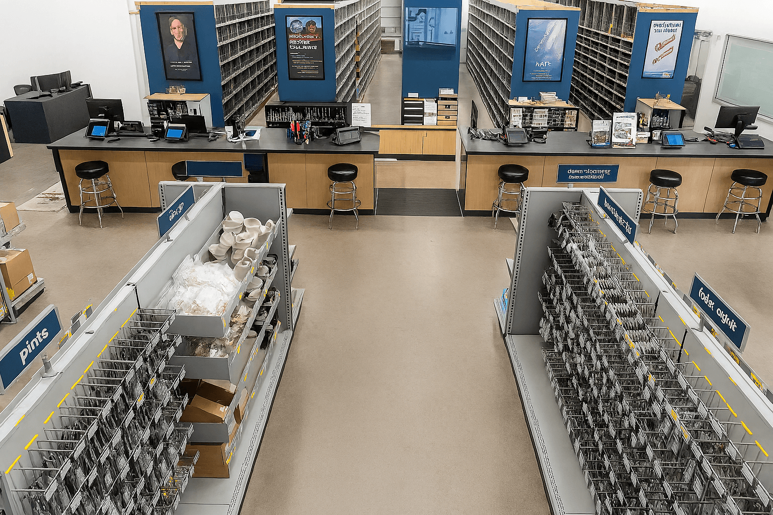 Trade showroom service counter, industrial sales, and point-of-purchase line.