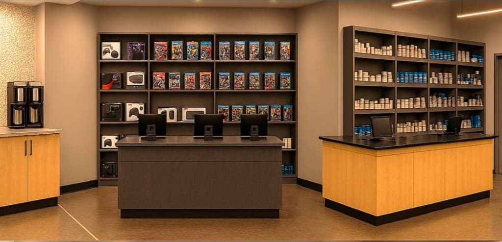 Modern professional showroom with charcoal and wood service counters, product shelving, and warm ambient lighting.