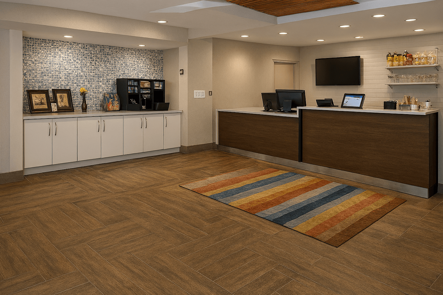 Hotel lobby with wood flooring, a striped rug, a dark-wood reception desk, a coffee and snack area, and warm overhead lighting.