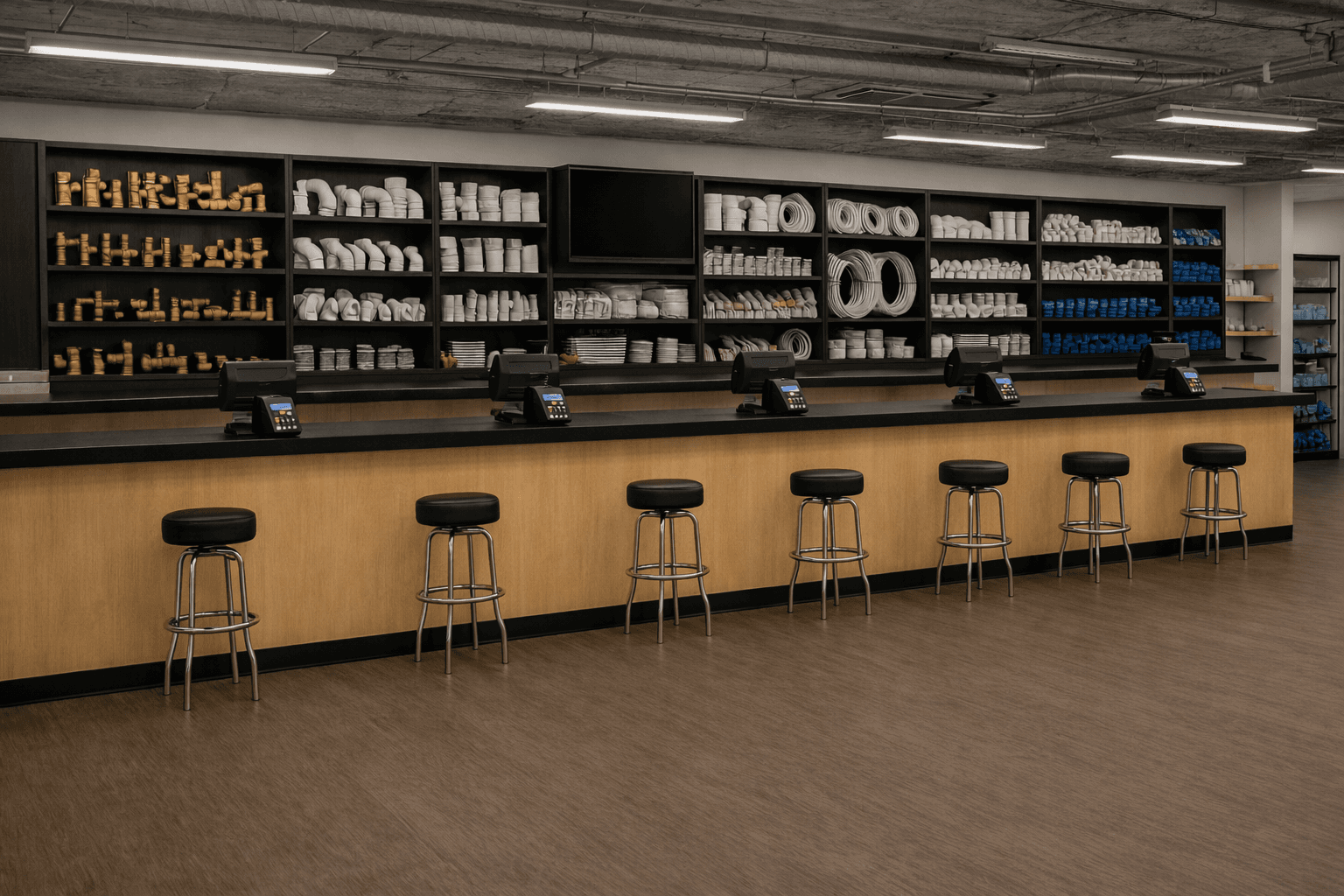 Trade service counter with a wood and black worktop, POS stations, bar stools, and fully stocked black shelving of fittings and supplies.